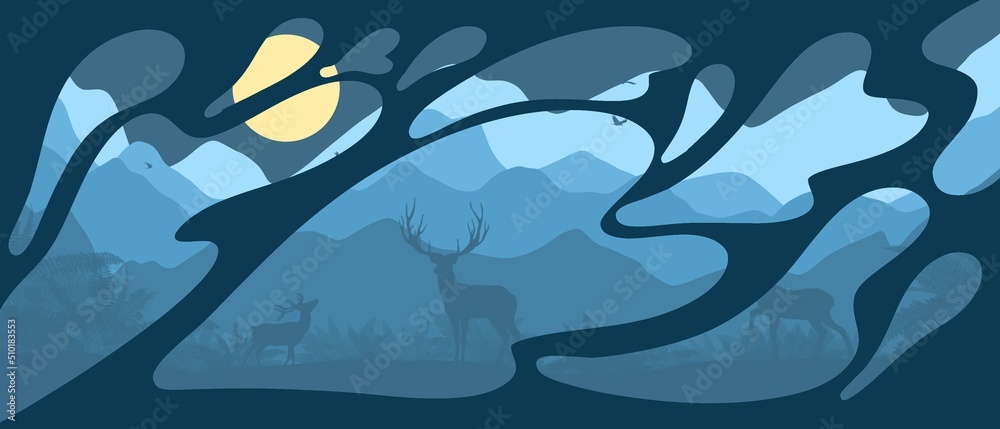 Amazing minimalist landscape with reindeer. Stunning views of the mountains. Deer in the mountains. Landscape with mountains and deer. Beautiful background with mountains and deer in minimalist style. Amazing minimalist landscape with reindeer. Stunning views of the mountains. Deer in the mountains. Landscape with mountains and deer. Beautiful background with mountains and deer in minimalist style.