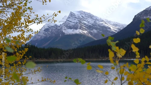 Scenic Cinematographic view of Mountains with snow peaks and pine woods in Banff National Park on a sunny day. Lake with turquoise water.Yellow autumn leaves in the Rocky Mountains in Canada.