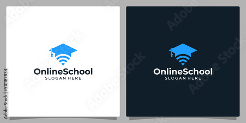 College, Graduate cap, Campus, Education logo design and Wireless device connection wifi icon symbol logo vector illustration graphic design.