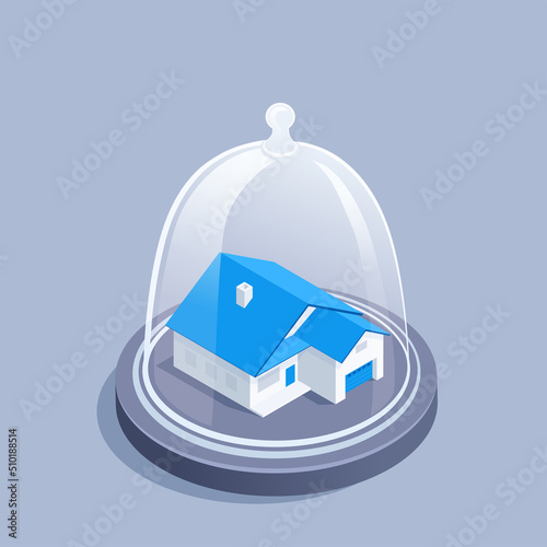 isometric vector illustration on a gray background, a private house under a glass dome, home protection or insurance