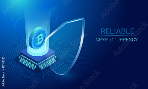 isometric vector illustration on a dark blue background, a shield in front of a microprocessor and bitcoin, a reliable or secure cryptocurrency