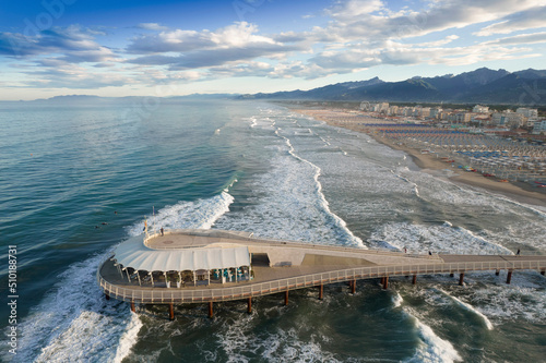 Aerial view at dawn of the pier of Lido di Camaiore Italy photo