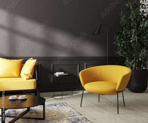 Black walls room interior with bright yellow furniture photo