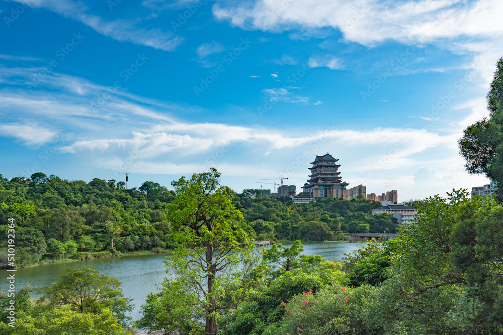 At dusk on a sunny day, Qingxiu mountain scenic spot in Nanning, Guangxi At dusk on a sunny day, Qingxiu mountain scenic spot in Nanning, Guangxi