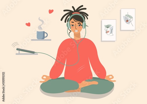 A modern girl is sitting in a lotus position, doing yoga and listening to audio on her phone. Lady in headphones meditates with a cup of coffee at home. Vector flat illustration. Template for yoga day