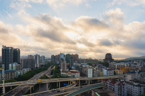 The urban skyline of Nanning, Guangxi, green bamboo interchange and Yongzhou Pavilion at sunrise