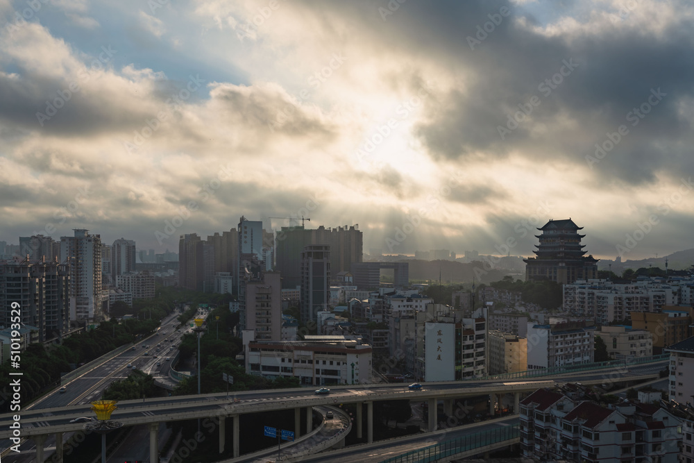 Nanning city skyline, Guangxi, Qingzhu interchange and Yongzhou Pavilion at sunrise