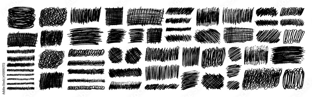 Grunge pencil sketches set. Grunge pen scribbles collection. Charcoal pencil hatches. Doodle scribbles set. Grungy textures and strokes.