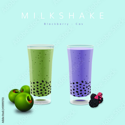 Batido mora y cas, leche y frutas.