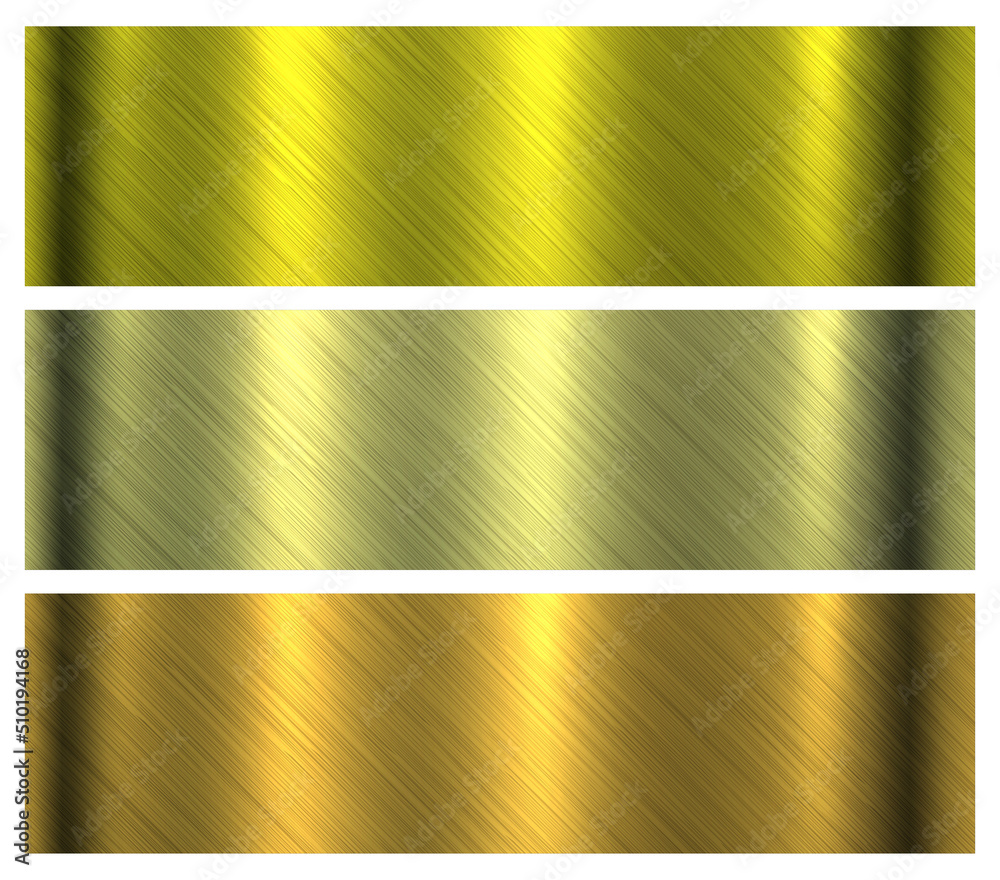 Gold brushed metal textures set, shiny metallic pattern, industrial and technology backgrounds, vector illustration.