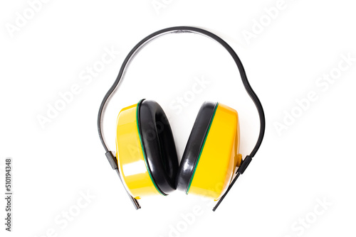 Yellow construction noise-cancelling headphones isolated on white background