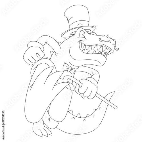 Coloring illustration of cartoon dancing dinosaur