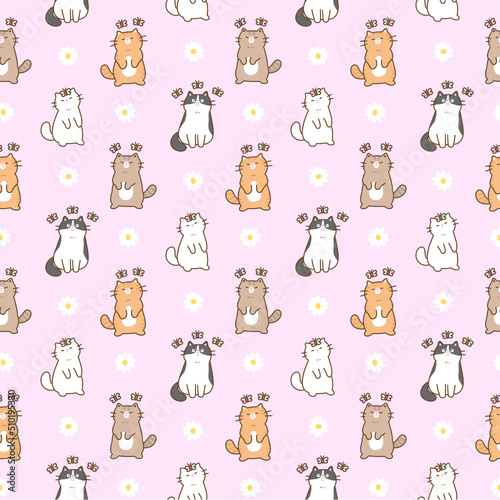 Seamless pattern of cute cartoon cat illustration design on pink background.