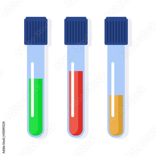 Medical blood test flat concept. Chemical laboratory analysis  medical office or laboratory. Patient blood in test tubes  medical blood test  blood samples. Chemical laboratory analysis. Vector