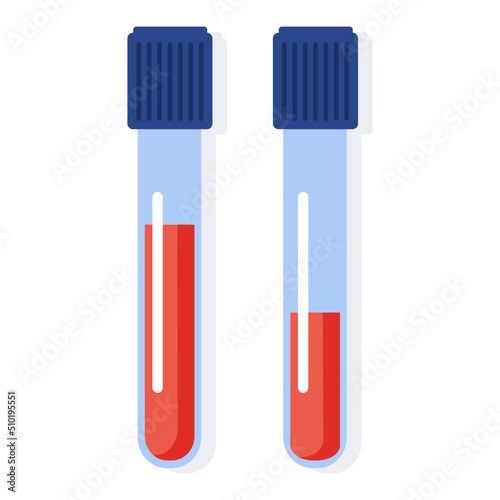 Medical blood test flat concept. Chemical laboratory analysis, medical office or laboratory. Patient blood in test tubes, medical blood test, blood samples. Chemical laboratory analysis. Vector