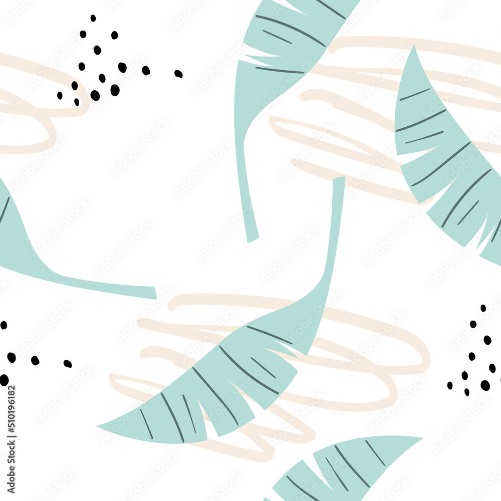 Obraz premium Seamless pattern with tropical banana leaves. Vector hand drawn on a white background. Print for wallpaper, textiles, clothing. Tropical leaves with dots and doodles.