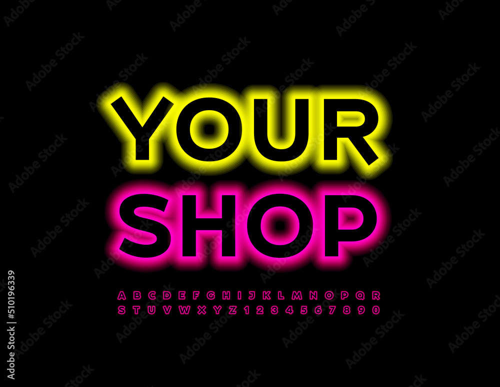Vector creative template Your Shop. Pink Neon Font. Electric light Alphabet Letters and Numbers set