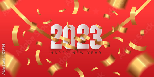 Happy new year 2023 with ribbon on red background