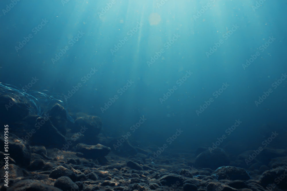 sun rays under water blue ocean background, abstract sun light in water wallpaper - obrazy, fototapety, plakaty 