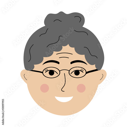 Elderly woman face with glasses in doodle style. Colorful avatar of gray-haired woman.