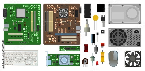 Set of spare part personal computer. PC laptop accessories. Keyboard and mouse. Power supply hard drive. Motherboard and video card. Isolated on white background. Radio components repair. Vector
