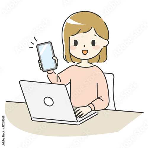 ノートパソコンとスマホで作業をする女性【ピンク】