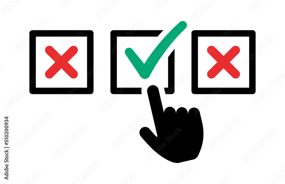 Choice selection vector icon. Check box with finger hand concept illustration. Choice selection vector icon. Check box with finger hand concept illustration.