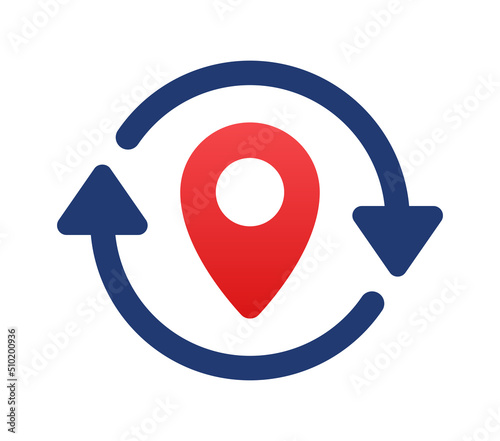 Relocation icon vector concept. Change address location with pin and circle arrow symbol.