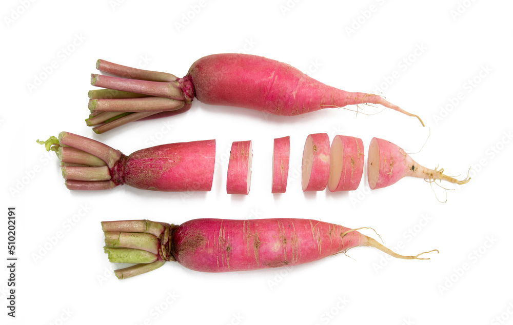 Fresh daikon radishes isolated slices on white background. red radish. top view