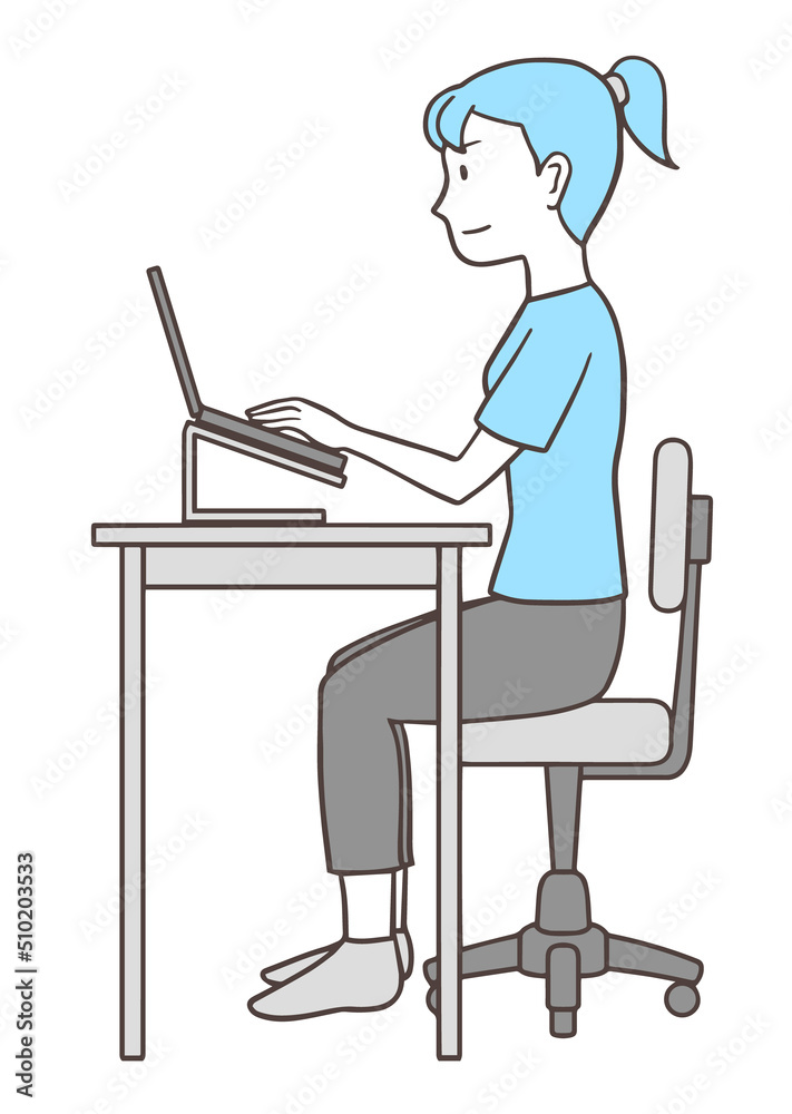 正しい姿勢でデスクワークをする女性、ノートパソコンの操作、横側、シンプルな色
