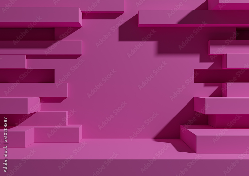 Fototapeta premium Bright magenta, neon pink 3D rendering product display podium or stand with abstract brick wall or portal for product photography minimal, simple, geometric background wallpaper luxury grunge products