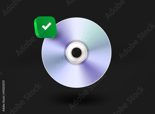 Music compact disc with checkmark icon. 3d vector illustration