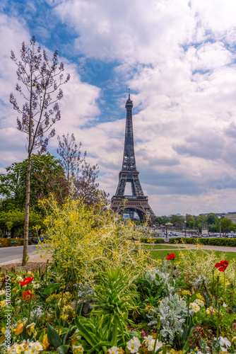 eiffel tower with flowers in spring