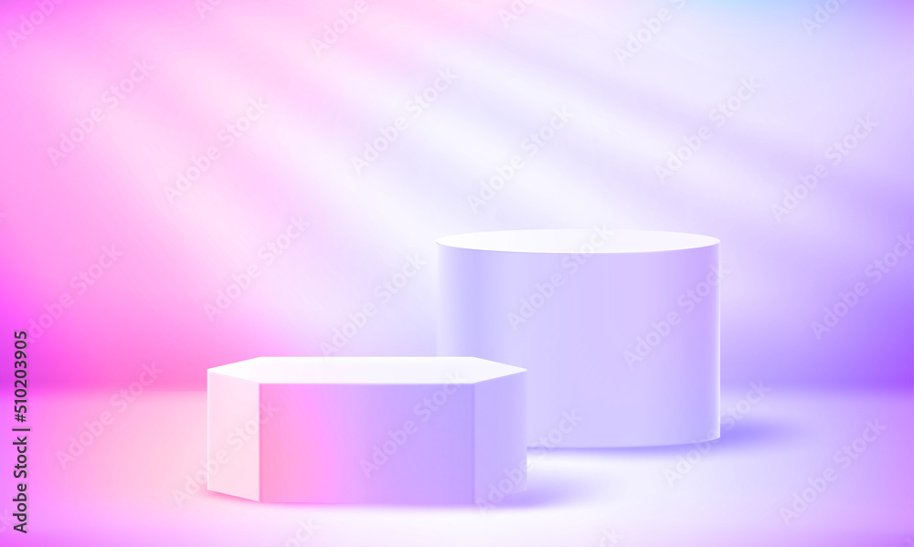 Vivid interior with sunlight from the window and two pedestals for products. Realistic 3d style vector illustration