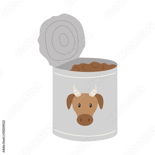 An open tin can with beef stew. Food, dry rations for field conditions, camping, hiking, traveling. Flat vector illustration isolated on a white background.