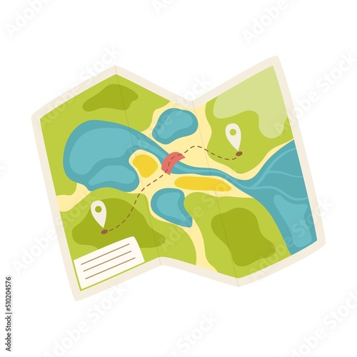 Paper tourist map of the area. A tool for navigation, orientation on the terrain. Equipment for tourism, travel, hiking, sports. Flat vector illustration isolated on a white background.