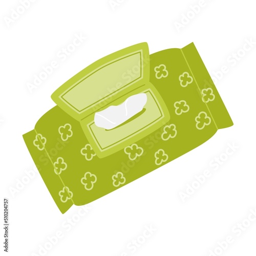 An open package of wet cloth or paper napkins. Hygiene product for hiking conditions, camping, hiking, traveling. Flat vector illustration isolated on a white background.