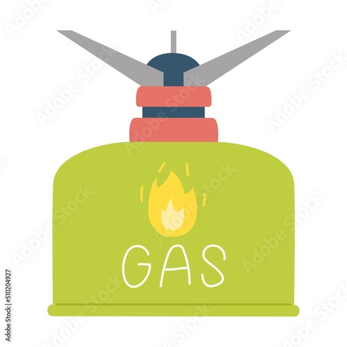 Gas cylinder and gas burner. Camping Outdoor Stove. Equipment for cooking in hiking, traveling, camping. Tourist inventory. Flat vector illustration isolated on a white background.