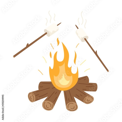 A wood-burning bonfire and fried marshmallows on sticks. Picnic, hiking, camping, tourism. Flat vector illustration isolated on a white background.