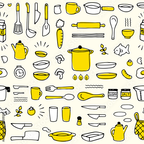 Leinwand Poster 手描きのキッチンツールのパターン