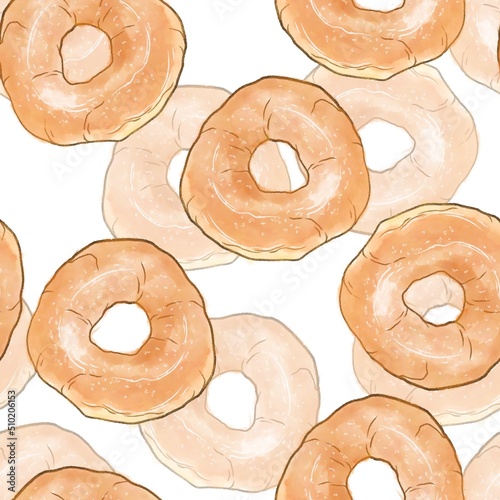 Seamless, complex, decorative pattern of simple illustrations of a doughnut with powdered sugar
