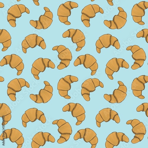 A pattern of simple croissant illustrations on a blue background is a kitchen decor