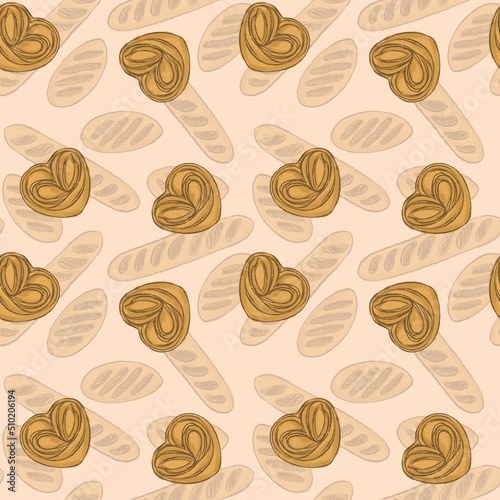 Decorative kitchen pattern of simple illustrations of cheesecakes, puffs and buns