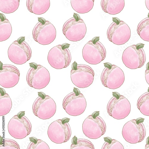 Decorative pattern of simple illustrations of macaroon cakes on a pink white background dessert