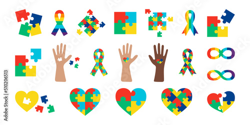 Autistic Pride Day set colorful icons. World Autism Month, signs and symbols from puzzles. Collection vector illustration - Autism spectrum disorder elements. Autistic awareness set, jigsaw puzzles.