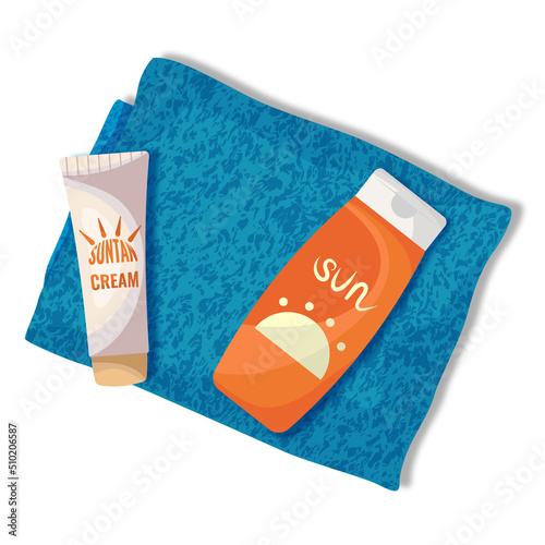 Cream, tan, towel, sunscreen, icon for website, app, vector illustration.