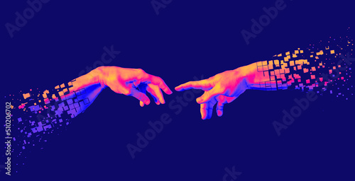 Disintegrating reaching hands concept illustration in vaporwave style color palette isolated on blue background. photo