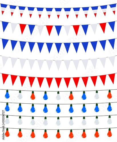 Guirlandes en bleu, blanc et rouge sur fond blanc	