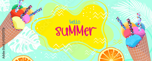 Hello summer. Colorful summer background with ice cream, banner design. Horizontal poster, greeting card, website header in bright color. Stylized elements on the background, feeling of heat, holiday