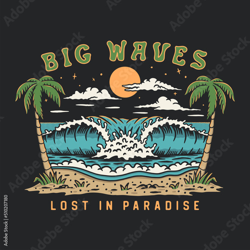 paradise illustration surf waves design summer vintage